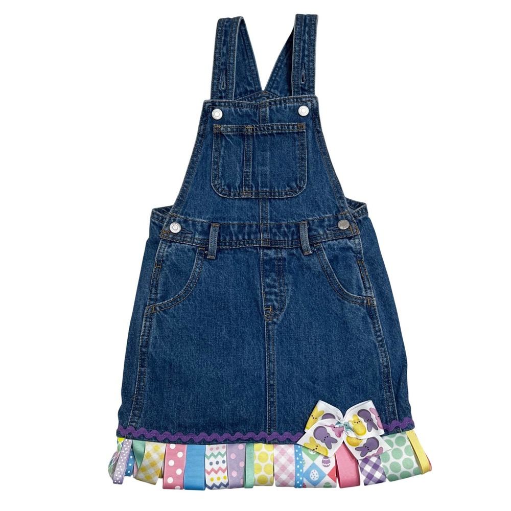 Old‎ Navy Girls 5T Blue Denim Easter Peeps Ribbon Trim Jumper Dress Custom Bow